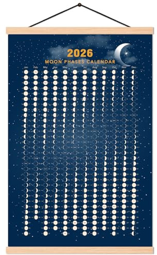 2026 Mondphasenkalender, Druck, Poster, vertikales Leinwandmaterial, Mondzyklus-Diagramm, fertig zum Aufhängen, mit Rahmen, Wandkunst, Dekor (40,6 x 61 cm)