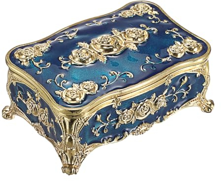 Vintage Schmuckkästen Luxus-Schmuckschatulle Rechteckige Schmuckdose aus Metall Aufbewahrungsbox für Ohrringe Halsketten Ring als Hochzeit Geschenk Deko für Mädchen Damen (Blau)