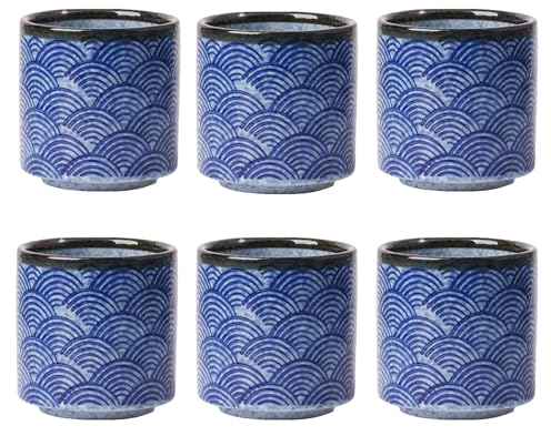 NIUKOMY Lot de 6 Tasses à Thé en Céramique, Vintage Tasse à Thé Japonaise, Tasses à Café en Porcelaine Sans Anse Set de Tasses à Thé Bleu pour Sushi Saké Espresso Cappuccino190ML