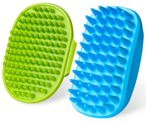 2PCS Dog Bath Brush Set | Adjustable Handle Dog Scrubber for Shampooing, Deshedding & Massaging, Suitable for Pets | Curry Comb & Shampo Brush for Dogs Cats and Horses (Green Blue)