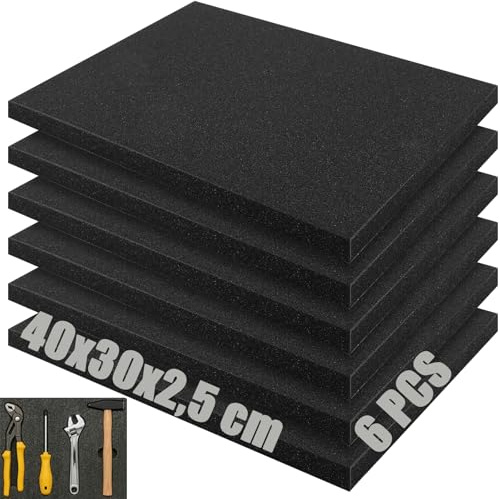 SHUESS 6 stycken skumplattor, svart, 400 x 300 x 25 mm, skum för verktygslåda och kameraväska, gör-det-själv skuminlägg, verktyg för tillskärning, flerskikts Shadow Foam insats