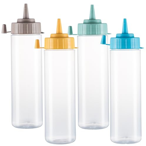 HR Hogar - Botella de Salsas Exprimible - 4 Piezas de 500 mL - Dispensadores Reutilizables y Reciclables | Fabricado en España | Biberón Cocina Sin BPA con Tapón Antifugas Sin Goteo (Surtido Colores)
