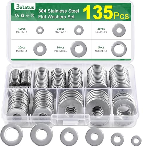 Juego de 135 arandelas de acero inoxidable, Bolatus Surtido de 6 tamaños, arandelas para carrocería M4 M5 M6 M8 M10 M12, arandelas planas de acero inoxidable para tornillos y tuercas y varilla roscada