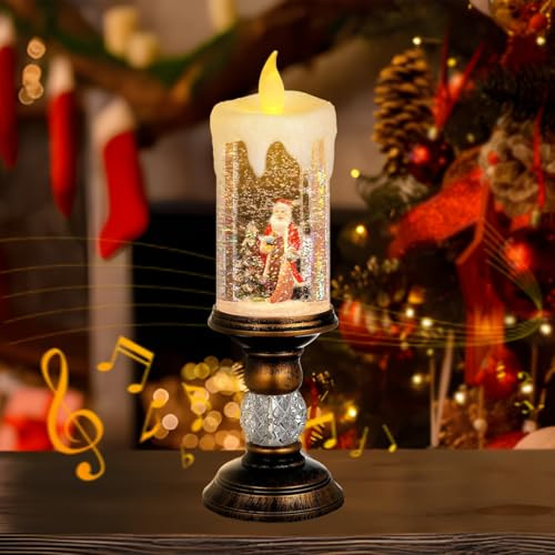 Lanterna natalizia con palle di neve con musica, scena di Babbo Natale, candela senza fiamma, luce scintillante, alimentata a USB e a batteria, lanterna riempita d'acqua con glitter vorticosi per