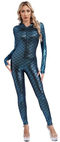 Jhaoyu Costume De Sirène Pour Femmes Adultes Combinaison À Manches Longues Avec Capuche Bodysuit Combinaison Intégrale Jumpsuit Moulante Bleu L