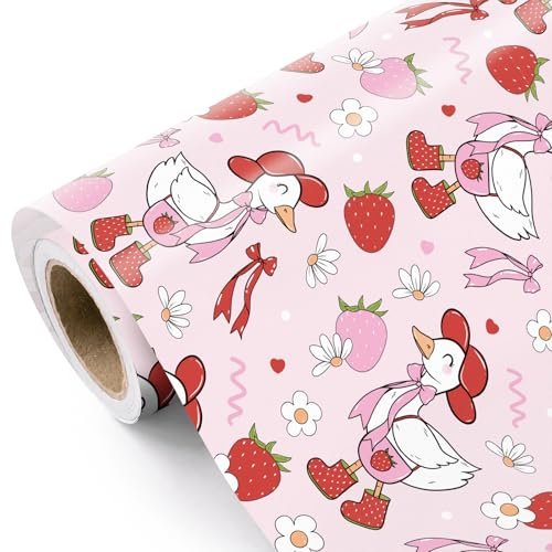 RUSPEPA Rouleau De Papier Cadeau Silly Gooses - Mini Rouleau - 43,2 Cm X 5 M - Oie Rouge, Papier Cadeau Coquet, Papier Cadeau Fraise, Idéal Pour Les Anniversaires De Filles Et Les Baby Showers