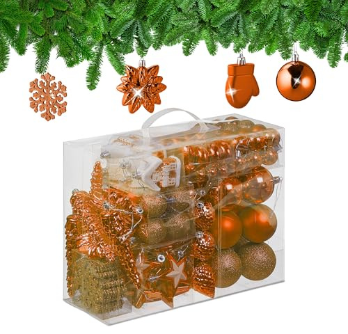 Relaxdays 100x Christmas Ornaments, Baubles, Glittering, Matte & Shiny, Tree Decorations, Plastic, 10 Designs, Orange, 24 x 30 x 12 cm
