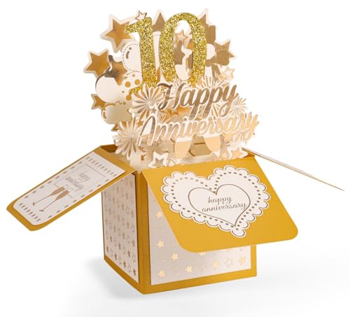 10° Biglietto d'Anniversario, 3D Oro Happy Anniversary Biglietto Pop-Up con Busta per Donne Uomini Moglie Marito Coppie Genitori Lui Lei Regalo di Matrimonio
