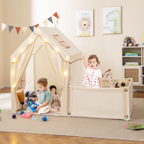 COSTWAY Tienda Campaña Infantil con Parque Infantil Bebe, 2 en 1 Casita Infantil Interior con Alfombra Acolchada, Luces de Estrellas, Puerta, Cortinas y Ventanas Laterales (Café)