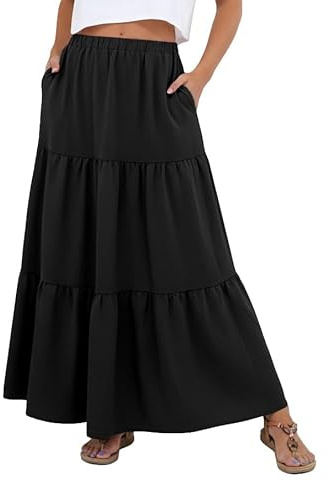PrinStory Summer Skirts for Women UK Maxi Elasticated Waist Tiered A Line Ladies Long Skirt with Pocket UK 18-20 (Black, XL)