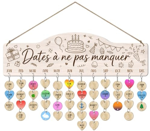 arricraft 1pc Famille Anniversaire Rappel Calendrier en Bois Cadeau de Fête | 40x12cm Plaque de Bois Suspendue Rectangulaire Calendriers Muraux Fournitures de Bureau Décoration de Fête à Maison