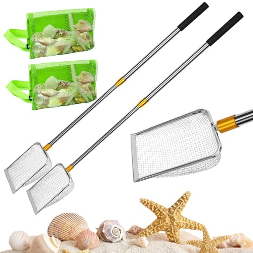 2 setacci a denti di squalo, setaccio per sabbia da spiaggia con sacchetti a guscio, paletta per sabbia, pala per sabbia e conchiglie, per raccogliere conchiglie, combini da spiaggia, caccia su roccia