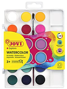 Jovi Wasserfarbkasten, 18 Wasserfarben mit Pinsel und Mischpalette | Kunststoff-Schachtel, für Kinder ab 3 Jahren