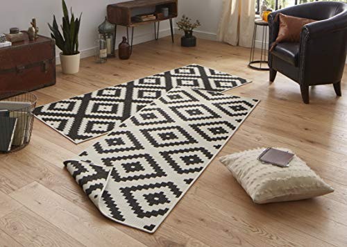 NORTHRUGS Outdoor Teppich Malta-Wendeteppich Wetterfest Modernes Geometrisches Muster Läufer für Balkon Terrasse Garten Wintergarten Wohnzimmerteppich Wasserfest, Polypropylen, Schwarz,Creme, 80x250cm