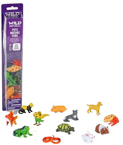 Wild Republic Pets Figurines Tube, Turtle, Guinea Pig, Snake, Hamster, Hermit Crab, Yellow Lab, Ferret, Iguana, Rabbit, Parakeet, Gold Fish, Grey Cat (20821)
