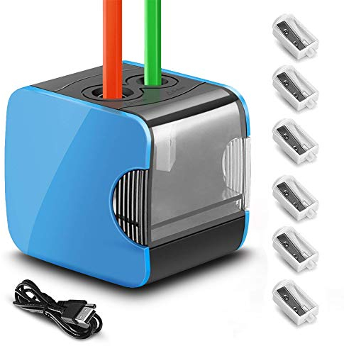 Temperamatite elettrico professionale, temperamatita con serbatoio per bambini, temperino da scrivania A batteria con filo USB, 4 lame di ricambio, 2 fori per mancini, matitoni No.2, matite grandi,
