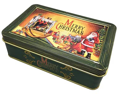 MediMuc Kleine Rechteckdose Merry Christmas - der Deckel zeigt Santa vor vielen Geschenken - Weihnachtsdose - Vol. 0,67l - Maße: (L x B x H): 14,5 x 9,3 x 5,0cm
