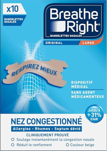 Breathe Right Original - Bandelette nasale - Taille Large - Sommeil : aide à réduire les ronflements - Rhume, allergies, sport : vous aide à mieux respirer - Bandelettes couleur peau, 10 pièces