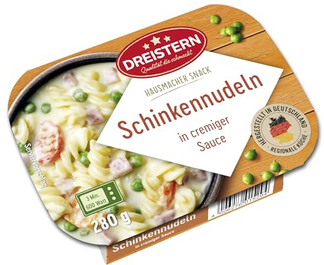 DREISTERN Schinkennudeln 280g I Mit Gemüse in Sauce I Herzhaftes Fertiggericht in Mikrowellenschale I Lange Haltbarkeit dank natürlicher Konservierung I Hausmacher Qualität