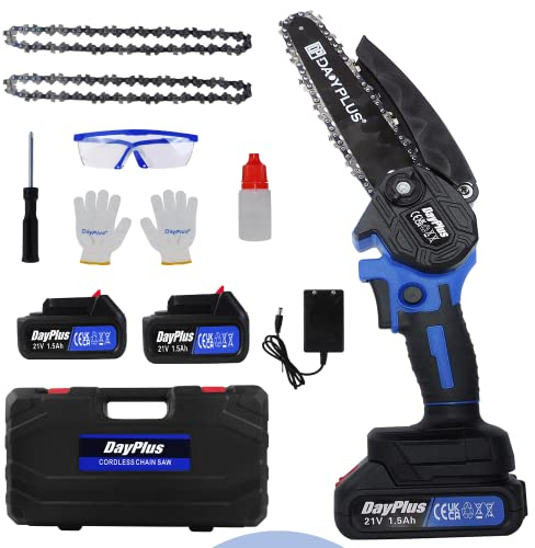 Motosierra eléctrica portátil de 6 pulgadas con 2 baterías, 2 cadenas, sin escobillas, sierra de cadena de una sola mano, motosierra de mano para jardín, tijeras de podar, árbol y madera