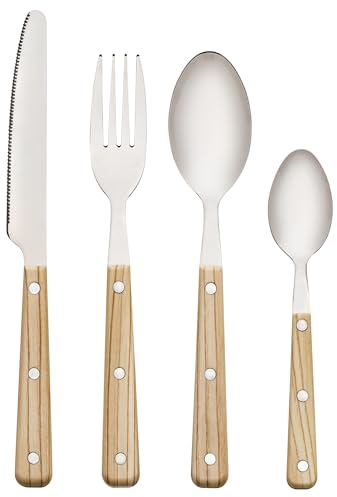 Baroni Home 24 Couverts de Table en Acier Inoxydable, Couverts avec Manche en Bois de Résine pour 6 Personnes, Lavable au Lave-vaisselle, Fourchette, Couteau, Cuillère, Cuillère à Dessert
