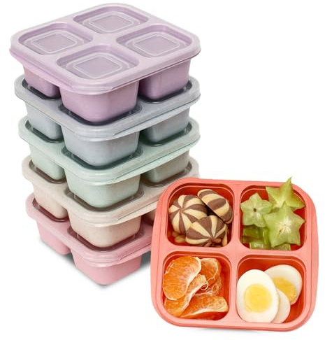 BE OVER QUALITY 6 Pack Snack Containers, 4 Compartment Snack Box Containers Bento Box, Reusable Meal Prep Lunch Containers for Adults Kids Toddler, Divided Food Containers for Travel Work School