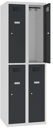 Steinbock Spind bodenstehend | 4 Fächer | HxBxT 180 x 60 x 50 cm | abschließbar | Drehriegelverschluss | Anthrazit | Metallspind inkl. Kleiderstange, Kleiderhaken, Namensschild