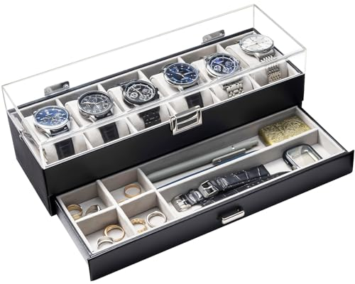 ProCase Uhrenbox mit 6 Fächern，Uhrenkasten mit Schublade, Men’s Watch Box, Uhrenaufbewahrung Uhrenkoffer Uhrenschatulle für Herren, Uhr Aufbewahrungsbox - 6 Fächer, Schwarz