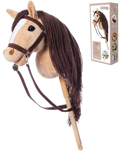 HOPPIHORSE Steckenpferd mit Trense - A3 - Hobby Horse mit Zügeln, Schultergurt, Schweif - hochwertiges Plüsch mit Langer Mähne - Silikongriff für besseren Halt - mit Geschenkverpackung