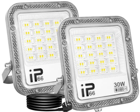 RIGIDON 2x 30W Projecteur d'extérieur Led Avec Prise EU, 3000LM Blanc Luminaire, IP66 étanche Éclairage de Sécurité Extérieur, Projecteur led lampe de Patio Garage Terrasse Jardin Chantier (1M Fil)