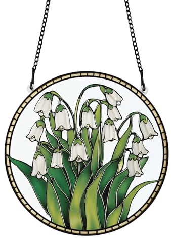 PLIGREAT Muguet teinté Suncatcher Fenêtre Art Mural Ornement Peint Fleurs Acrylique Panneau Artisanat pour Chambre Salon Mur Maison Jardin Extérieur Suspendu Décor