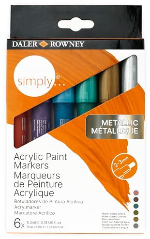 Daler-Rowney Simply, Acrylfarben-Marker, Kartonetui, 6er Set, Metallic-Farben sortiert