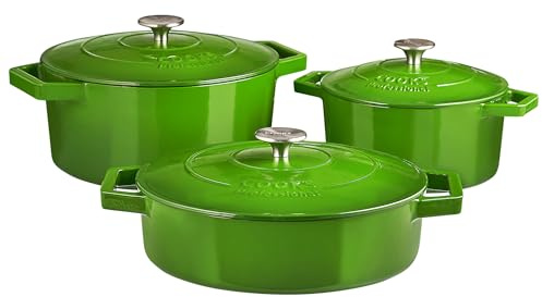 Cooks Professional Set of 3 Cast Iron Casserole Dishes with Lid & Handles | 20, 26 & 28cm | Colourful Enamelled Cooking Pans Pots | Suitable For All Hobs Inc Induction | Oven & Grill Safe | Green
