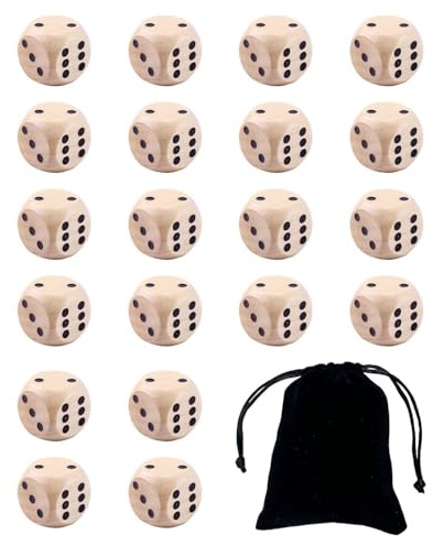 WUFGWBD 20 Black Dot Wooden Dice, 1 Storage Bag, Cube Game Dice, Family Party Game