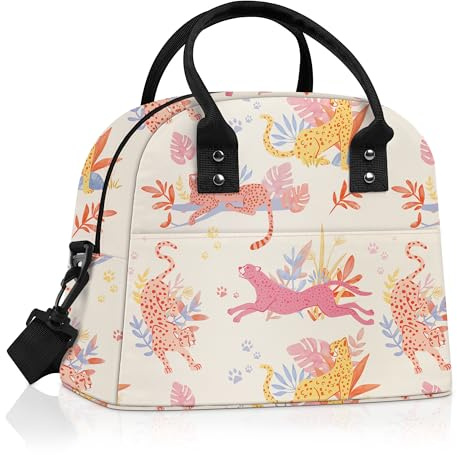 Clastyle Bolsa Termica Porta Alimentos Mujer Flor Bolsa Almuerzo Adulto Reutilizables con Correa, Bolsa Comida Trabajo Hoguera para Viaje Picnic,Leopardo