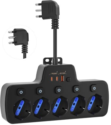 Ciabatta Multipresa Elettrica con Interruttore Indipendenti,Presa Multipla Elettriche Salvaspazio 5 Prese Universali Italiana 10/16A Schuko,USB C PD20W Cavo Corto Flessibile 0,1m Spina 16A 2P+T,Nero