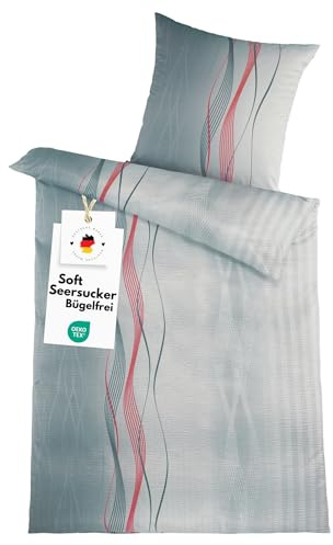 Carpe Sonno Seersucker Bettwäsche 135x200 Mikrofaser [Bügelfrei] | Leicht kühlende Bettwäsche Seersucker 135x200 | Sommer Bettbezug 135 x 200 Streifen Muster | Sommerbettwäsche gestreift Rot Grau