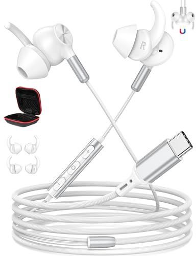 Sport USB C Headphones with Wingtips, Running Headphones Type C Earphones Magnetic HiFi Stereo in-Ear Headset with Mic for iPhone 17 16e 15 for Samsung A16 A17 A56 S25 for Pixel 10a 9a Sport Gym White