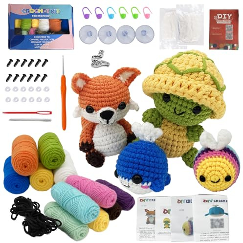 Yudobliss Animales Agujas Crochet Kit Bricolaje, Kit de Animales de Ganchillo, Juego de Completo Crochet Set, con Video Tutorial e Instrucciones Paso a Paso (Ballenas, Abejas, Zorros, Tortugas)