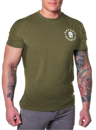 SAVAGE SPARTAN T-Shirt for Men - American Warrior Helmet Athletic Tee (Medium, Military Green)