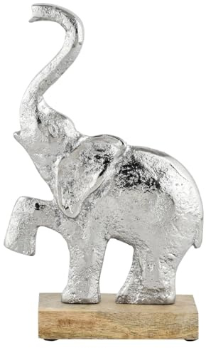 Dekorationsfigur Mumba-elefant i silverfärgat aluminium på träsockel, höjd 21 cm