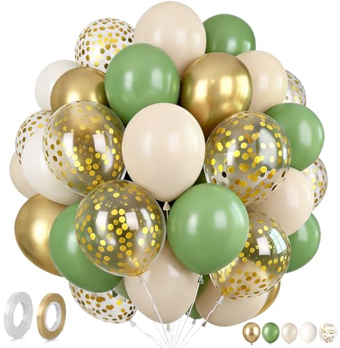 Salviagröna födelsedagsballonger i guld, 62 st salviagröna, vita och guldiga ballonger med guldkonfetti för födelsedagsdekoration, babyshower, dop, bröllop och gender reveal