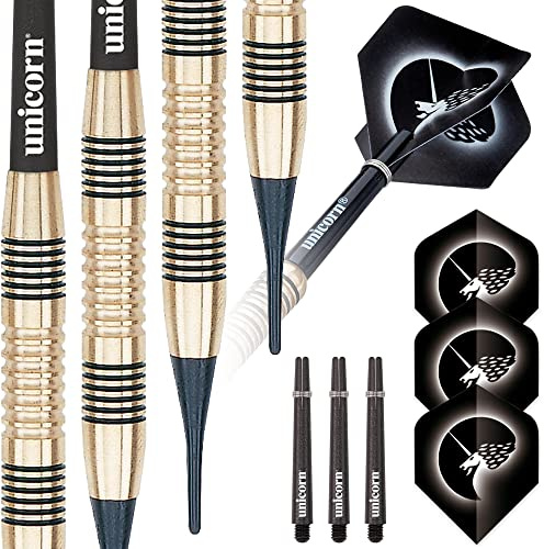 Unicorn Soft Tip Darts Set | Core Style 1 | 100% Brass Barrels with Black Coating Accents | 17 g