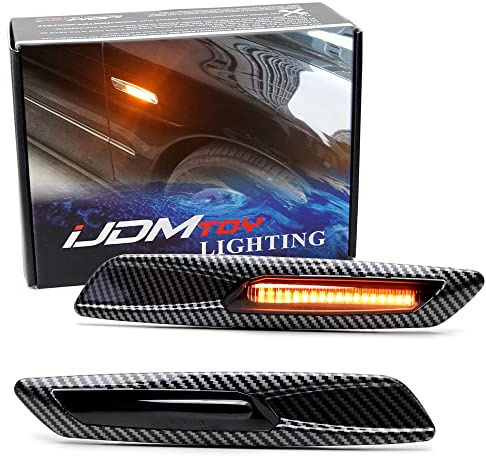 iJDMTOY F10 Style Large Twill-Weave Carbon Fiber Pattern Plated Full LED Strip Fender Turn Signal Side Marker Light Kit Compatible With BMW 1 3 5 Series X1, Replace OEM Sidemarker Lamps