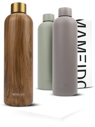 MAMEIDO Trinkflasche Edelstahl 750ml, auslaufsichere Thermosflasche, Kohlensäure geeignet, BPA frei, Isolierflasche 12h heiß & 24h kalt (Oak Wood Gold, 0,75l)