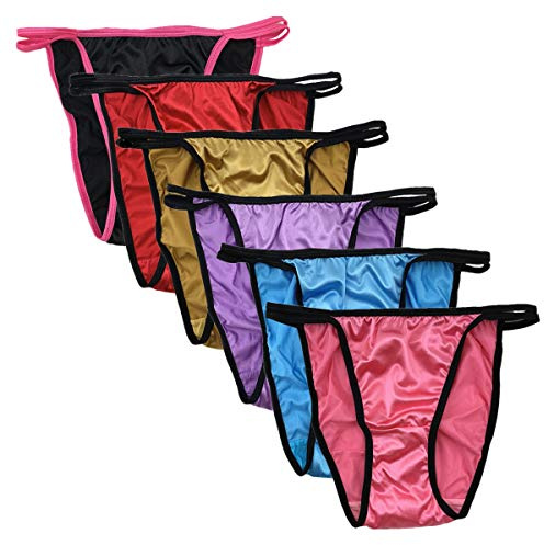 Queen Star Pack of 6 Women's Satin Tanga Bikini Briefs Knickers High Cut String Panties Underwear (XL)