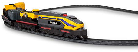 CAT Construction Toys, Little Machines Power Tracks Battery Operated Train Set, Engine with Working Headlight, 3 Rail Cars, Working Crane, 2 Magnetic Cargo Containers, and 2 CAT Trucks for Kids
