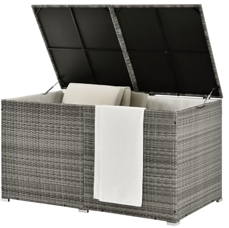 Juskys caja para cojines de ratán sintético Ikaria 950 L — Tapa con elevación automática y lona interior — Caja para cojines de 145 x 82 x 79 cm para jardín — Caja de jardín gris motado