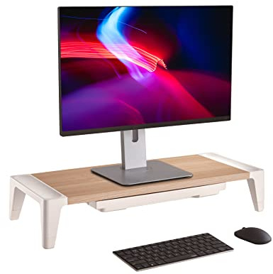 Properav Universal Computer Monitor Desk Riser Stand with Drawer Storage for PC TV Laptop - Wood Effect
