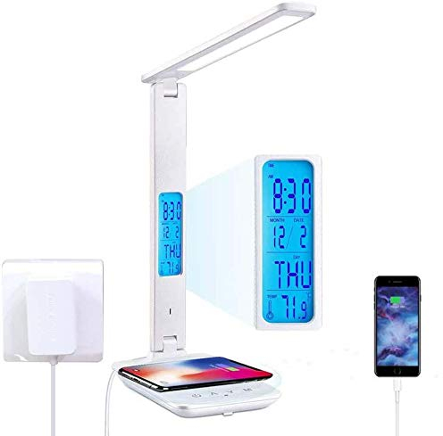 Morwealth lámpara de escritorio LED con 10 W QI carga inalámbrica, Flexo de mesa, 3 colores y 5 niveles de brillo, puerto de carga USB, control táctil